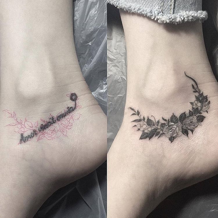 Before-and-after ankle tattoo cover-up: delicate black rose and leaf garland replacing faded pink script outline