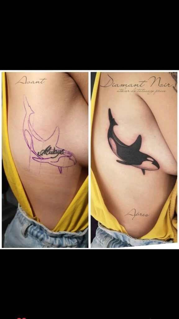 Ribcage tattoo cover-up before/after: purple stencil and script transformed into bold black-and-gray orca on side torso