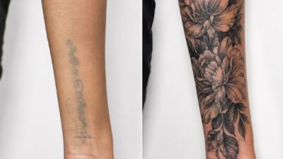 before and after cover up tattoo with old script transformed into bold floral blackwork