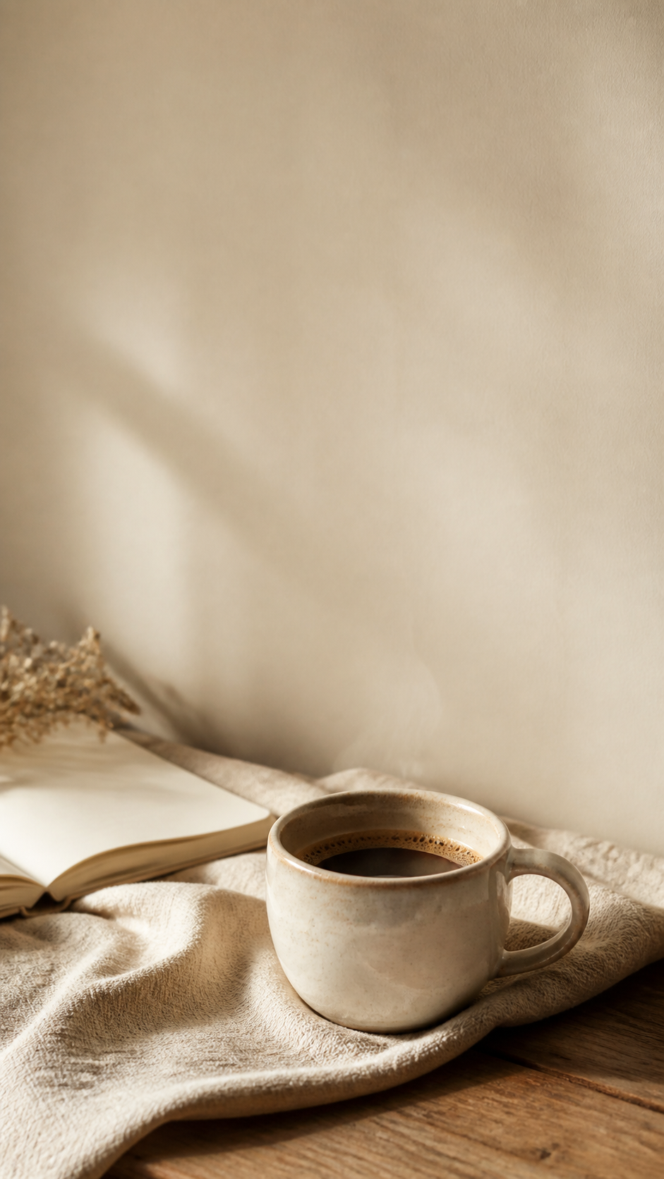 Cozy coffee aesthetic wallpaper digital HD with ceramic cup, linen, and warm morning light.