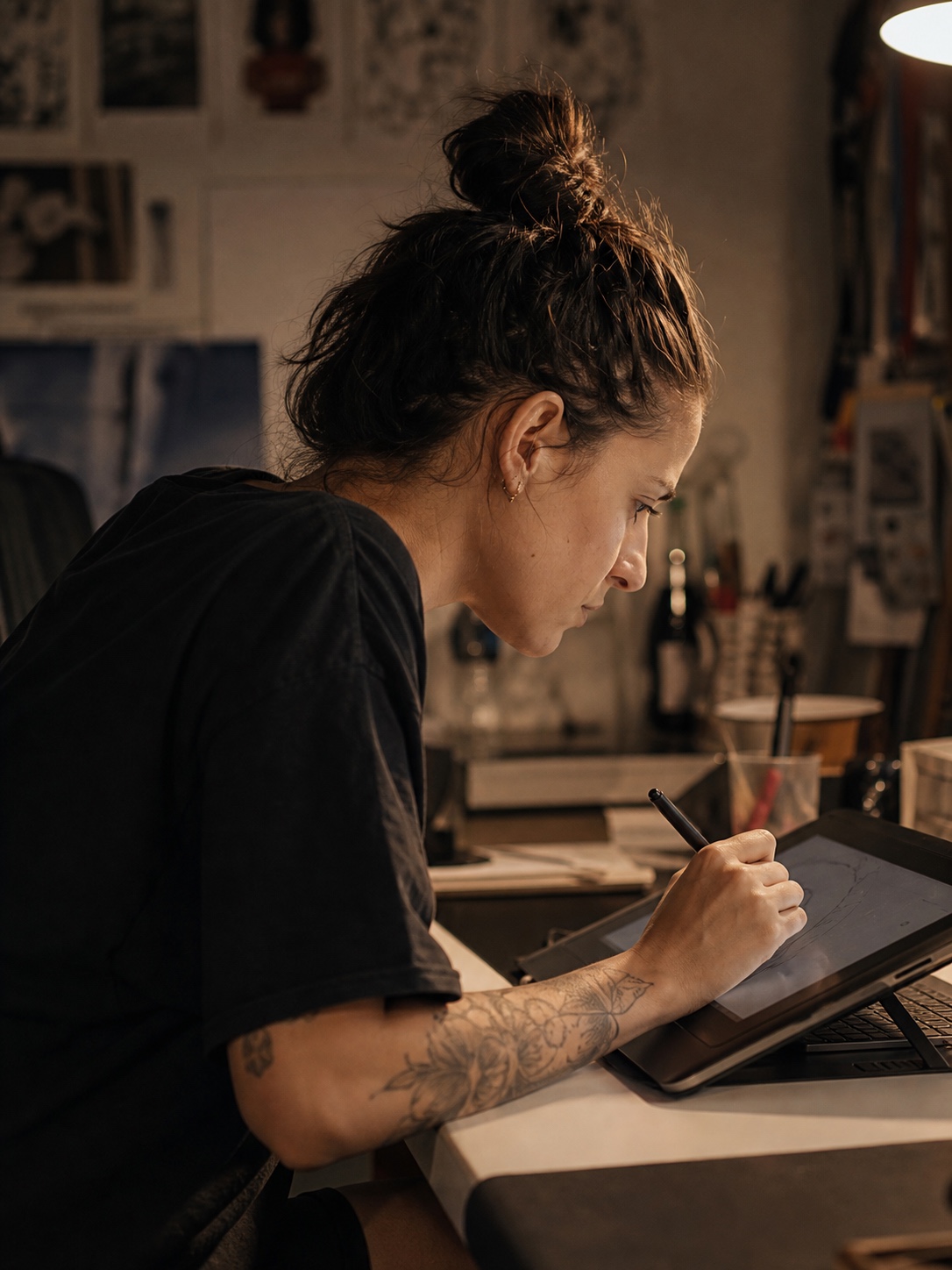 Illustrator desk posture and wrist strain Illustrator leaning forward over a drawing tablet, showing neck and wrist strain from sustained desk work. | Sky Rye Design Illustrator leaning forward over a drawing tablet, showing neck and wrist strain from sustained desk work.