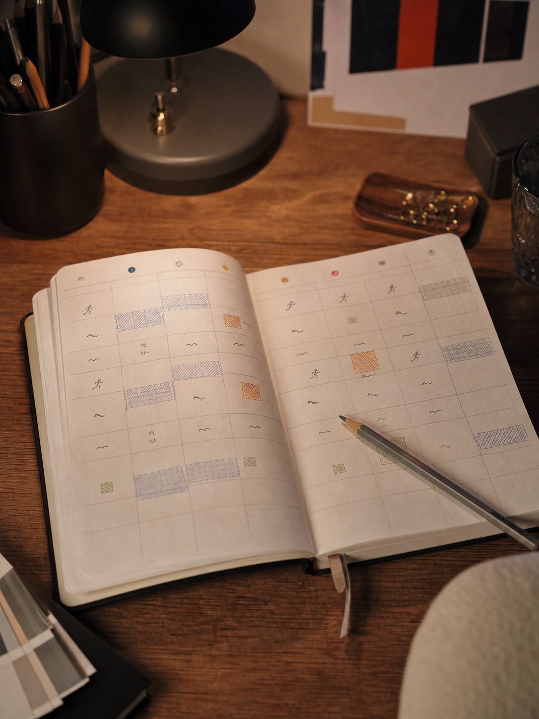 Creative recovery schedule in a weekly planner Open weekly planner on a designer desk with recovery routines marked beside project blocks. | Sky Rye Design Open weekly planner on a designer desk with recovery routines marked beside project blocks.