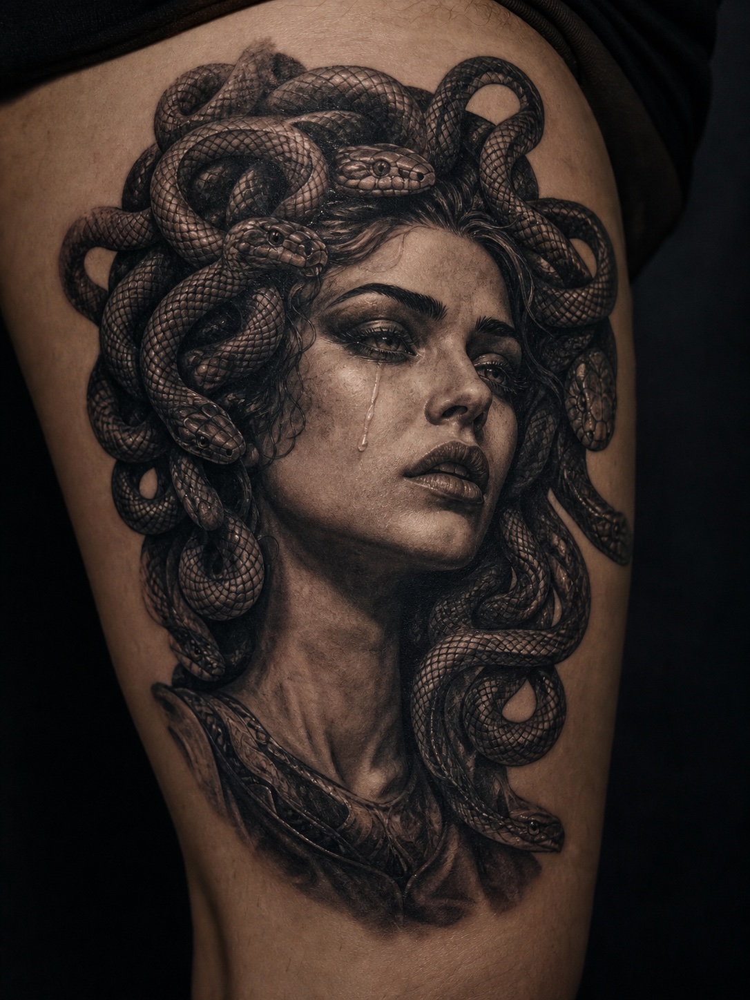 Black and grey crying Medusa tattoo on a thigh with a tear and detailed snake hair.