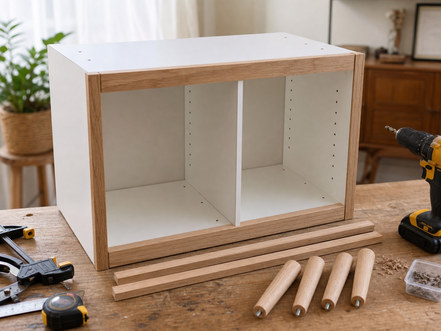 Plain cube shelf upgraded with oak trim and tapered wooden legs