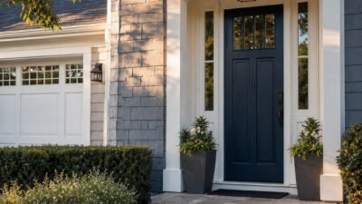 Well-maintained home exterior with a dark navy front door, trimmed hedges, potted plants, and warm afternoon light.