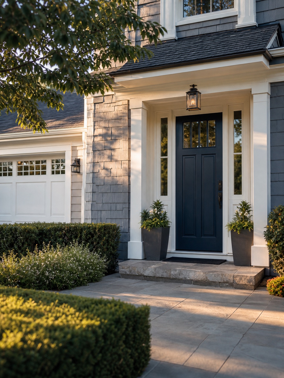 Well-maintained home exterior with a dark navy front door, trimmed hedges, potted plants, and warm afternoon light.