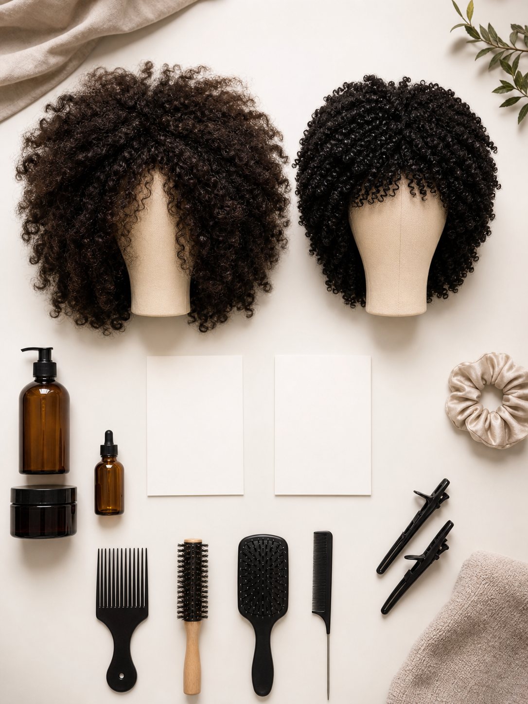 Two curly wig textures arranged side by side with styling tools and blank reference cards on a white surface.