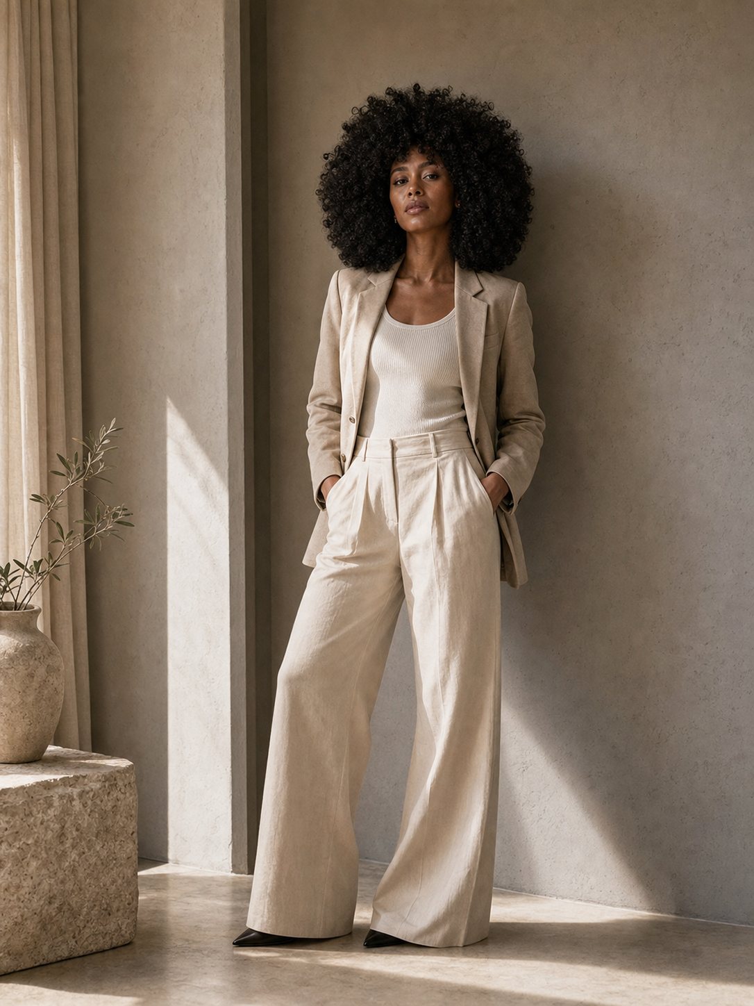 Black woman wearing a large curly afro wig with wide-leg trousers and a structured blazer in a minimal studio.