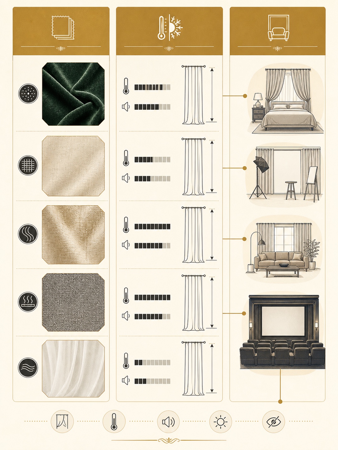 Custom drapes fabric selection guide Illustrated fabric selection guide comparing velvet, linen, silk, thermal weave, and sheer voile for custom drapes. | Sky Rye Design Illustrated fabric selection guide comparing velvet, linen, silk, thermal weave, and sheer voile for custom drapes.