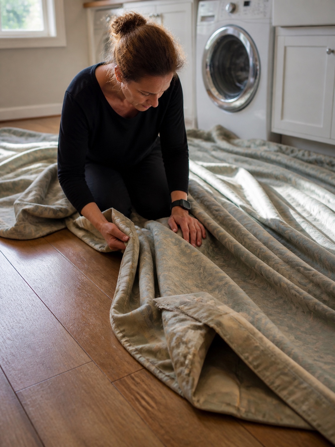 Custom drapes maintenance inspection Large custom drapes laid flat on a wooden floor for inspection, with subtle wear visible near the hem. | Sky Rye Design Large custom drapes laid flat on a wooden floor for inspection, with subtle wear visible near the hem.