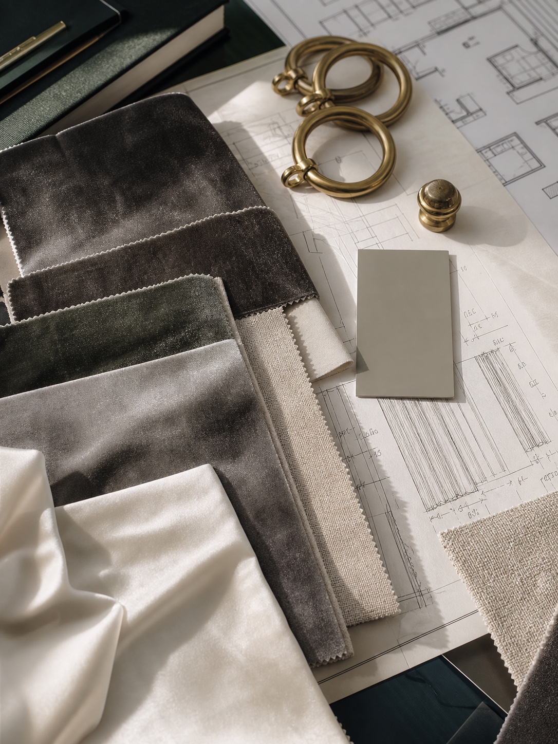 Custom drapes specification mood board Interior design specification mood board with fabric swatches, curtain rings, paint chips, and drafting paper. | Sky Rye Design Interior design specification mood board with fabric swatches, curtain rings, paint chips, and drafting paper.
