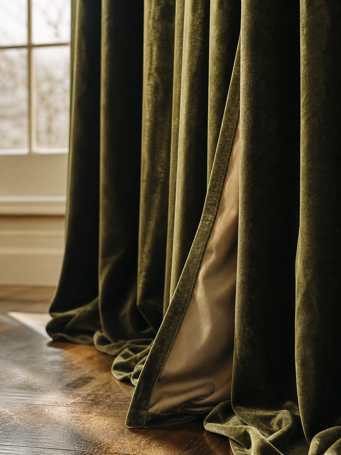 Forest green velvet custom drapes Deep forest green velvet custom drapes pooling on a hardwood floor in warm afternoon light. | Sky Rye Design Deep forest green velvet custom drapes pooling on a hardwood floor in warm afternoon light.