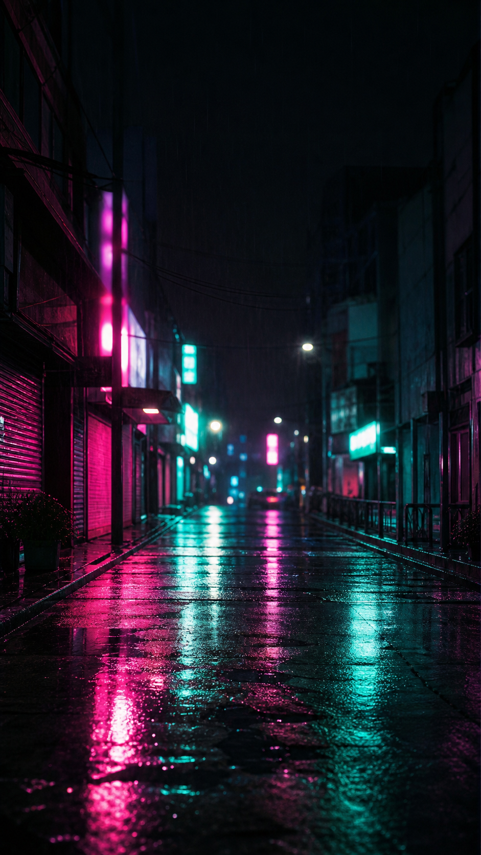 Cyberpunk aesthetic wallpaper digital HD with rainy neon alley and wet pavement reflections.