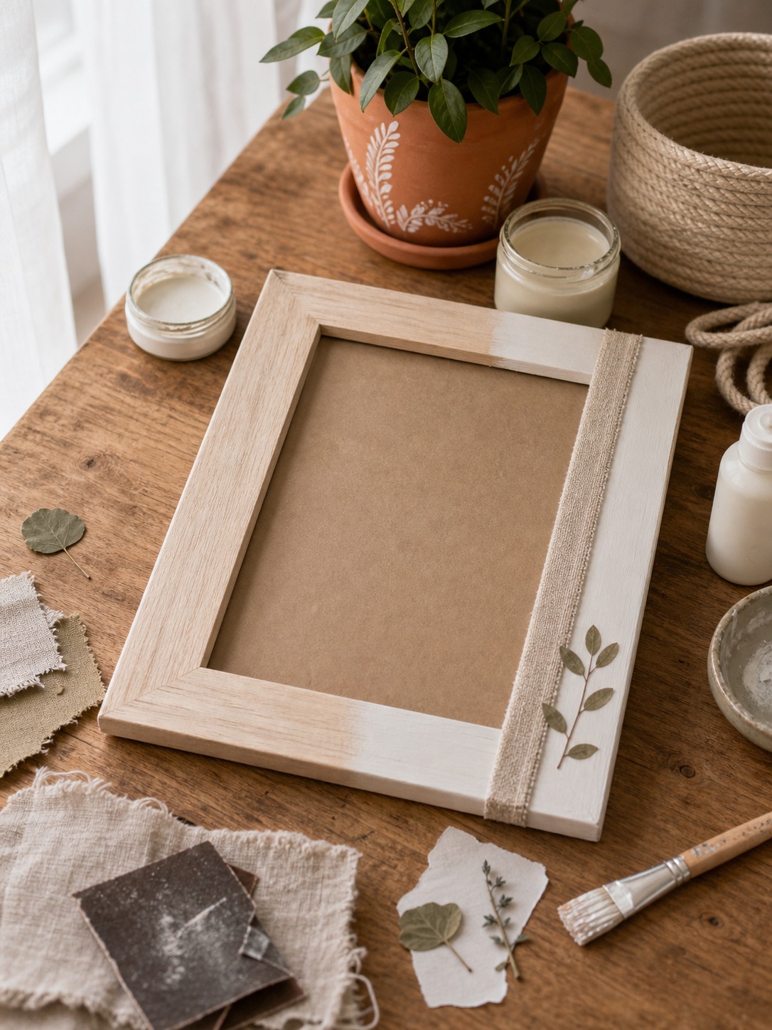 Decorated handmade picture frame with linen trim, paint, and pressed leaves