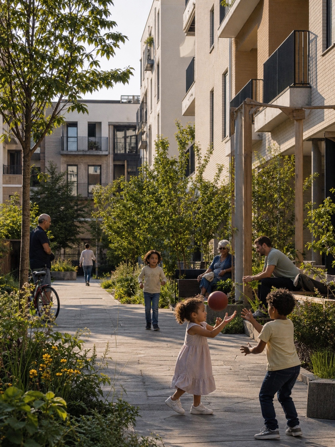 Defensible space residential courtyard A semi-private residential courtyard between low-rise apartment blocks with residents and planted borders. | Sky Rye Design A semi-private residential courtyard between low-rise apartment blocks with residents and planted borders.