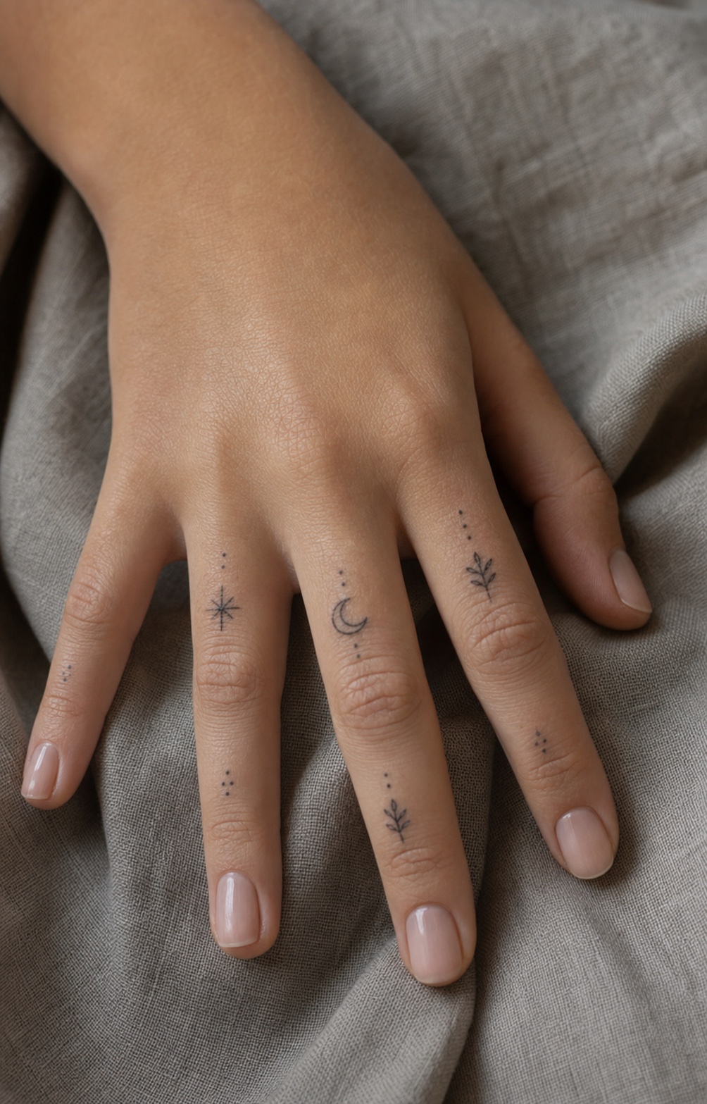 Delicate finger tattoo ideas Delicate finger tattoo ideas with tiny moon star dotwork and botanical marks | Sky Rye Design Delicate finger tattoo ideas with tiny moon star dotwork and botanical marks