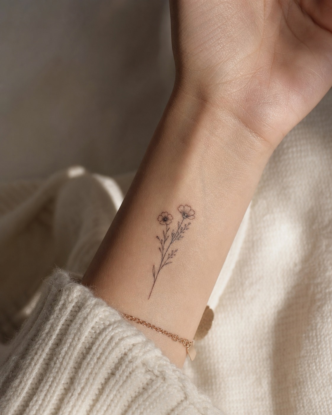 Delicate floral wrist tattoo Delicate floral wrist tattoo with tiny fine-line blossoms and soft neutral styling. | Sky Rye Design Delicate floral wrist tattoo with tiny fine-line blossoms and soft neutral styling.