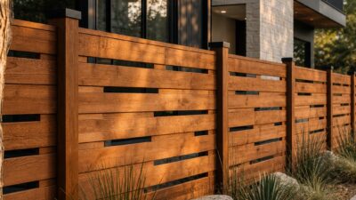 Design-forward cedar privacy fence with horizontal boards beside a contemporary Austin home.