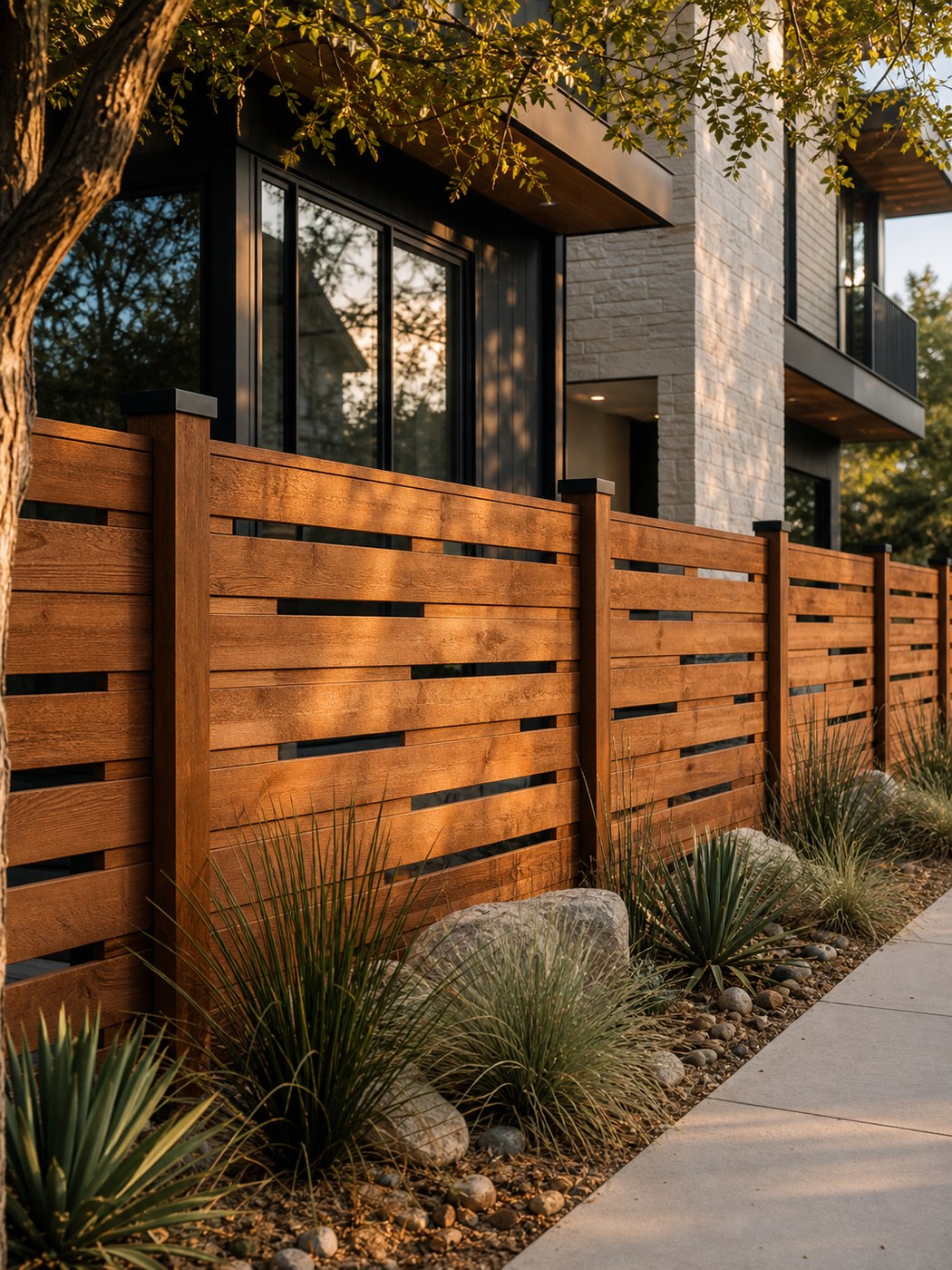 Design-forward cedar privacy fence with horizontal boards beside a contemporary Austin home.