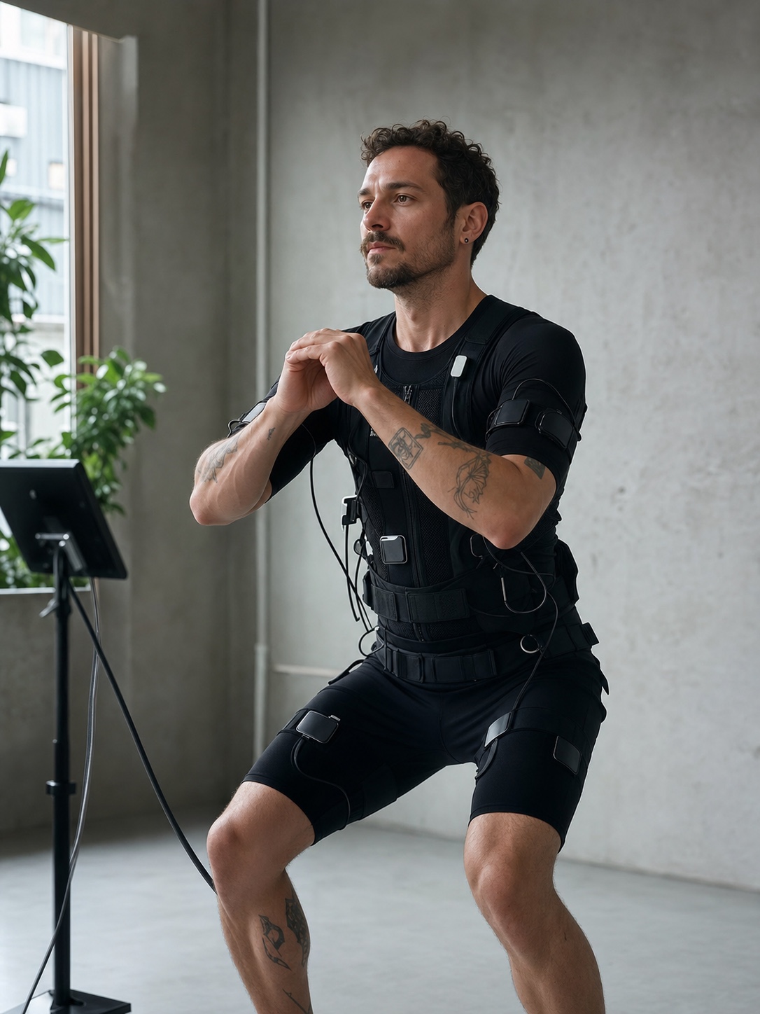 Designer using EMS training for recovery Designer wearing an EMS training suit while doing a light squat in a minimal studio space. | Sky Rye Design Designer wearing an EMS training suit while doing a light squat in a minimal studio space.