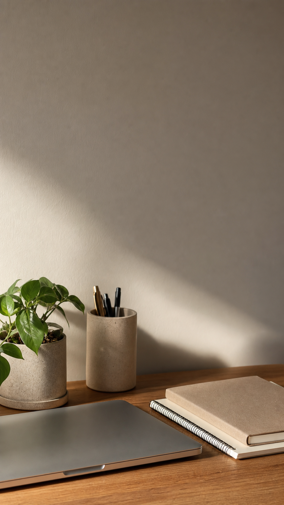 Desk setup aesthetic wallpaper digital HD with laptop, notebook, plant, and warm wall shadow.
