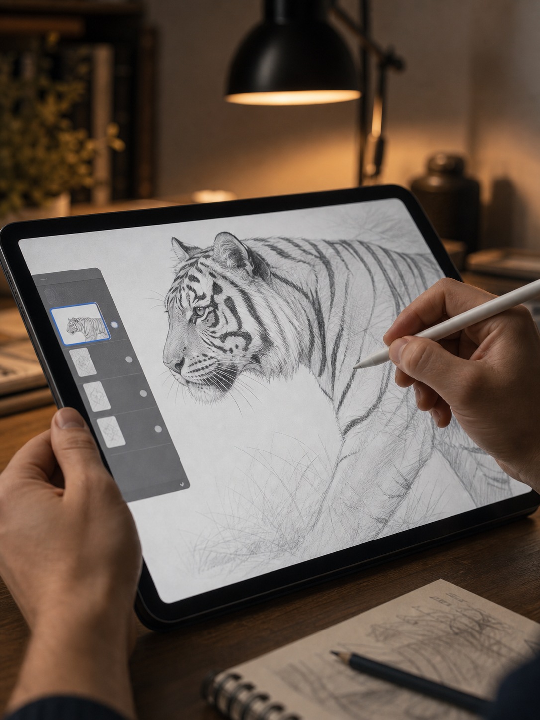 Artist drawing a tiger on an iPad in Procreate with layers visible on the tablet screen.