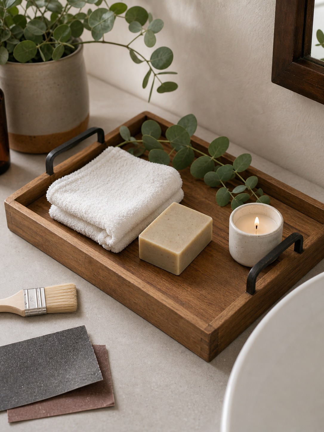 Handmade wooden bathroom tray with soap, towel and candle