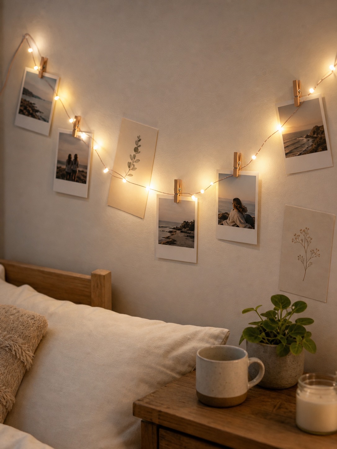Warm photo string lights displayed on a bedroom wall