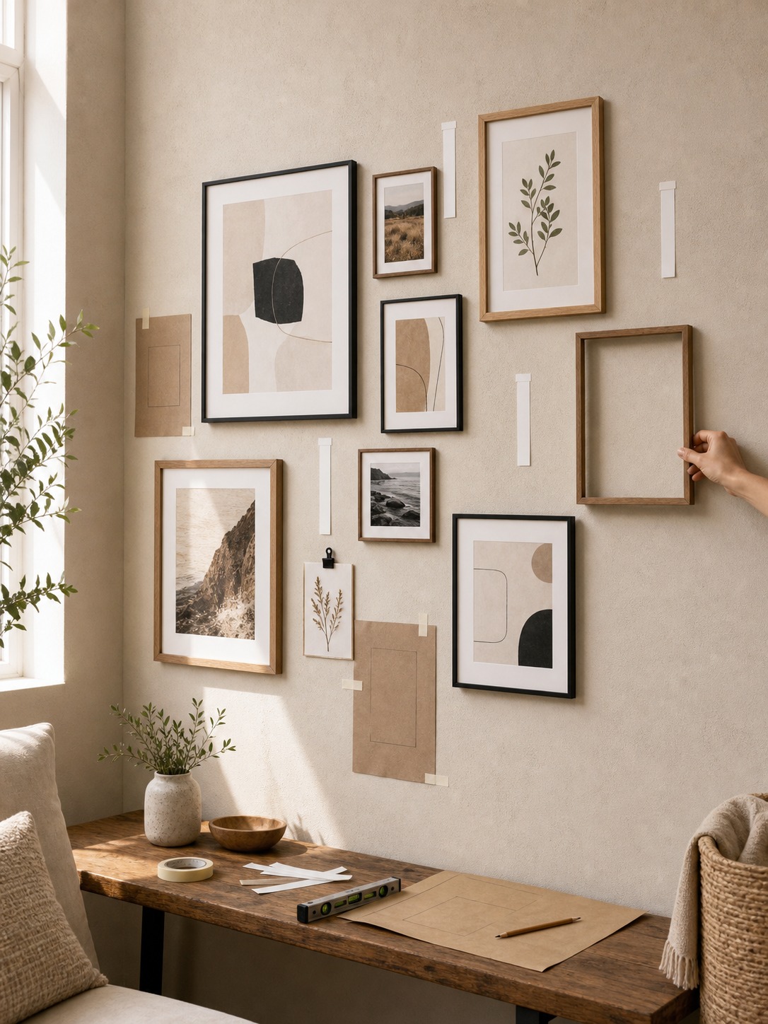 Balanced DIY wall collage with frames and paper templates