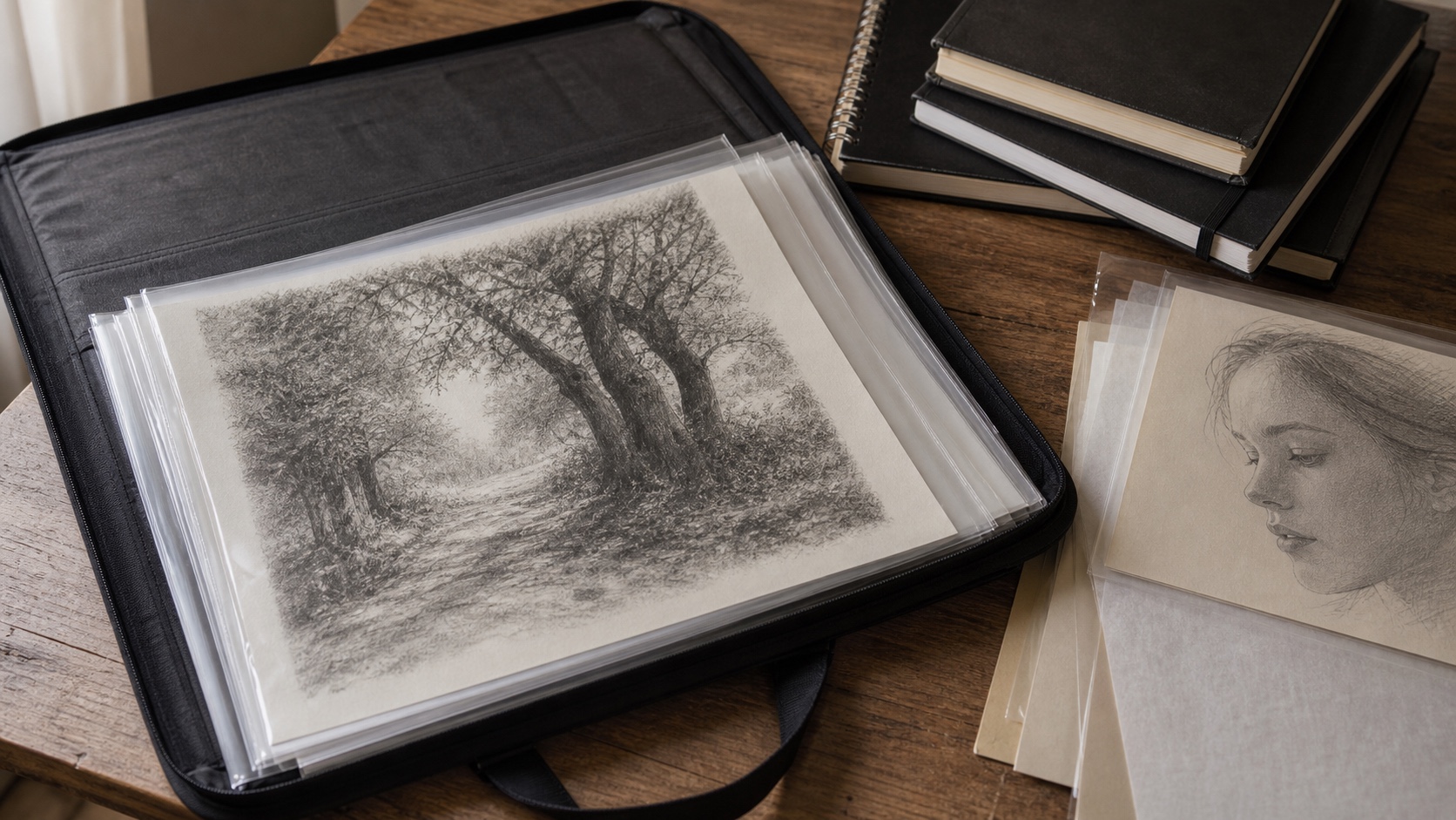 Artwork Storage Portfolio and Protective Sleeves Portfolio case, protective sleeves, finished pencil drawings, and archival paper dividers on a studio table. | Sky Rye Design Portfolio case, protective sleeves, finished pencil drawings, and archival paper dividers on a studio table.
