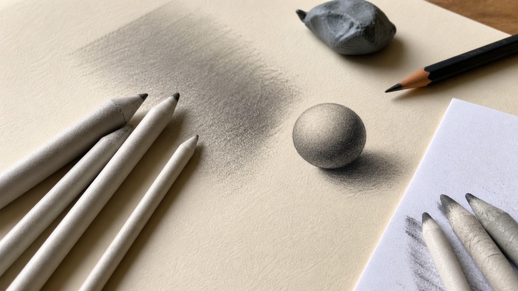 Blending Stumps and Tortillons for Drawing Blending stumps, tortillons, graphite pencil, and a shaded sphere study on drawing paper. | Sky Rye Design Blending stumps, tortillons, graphite pencil, and a shaded sphere study on drawing paper.