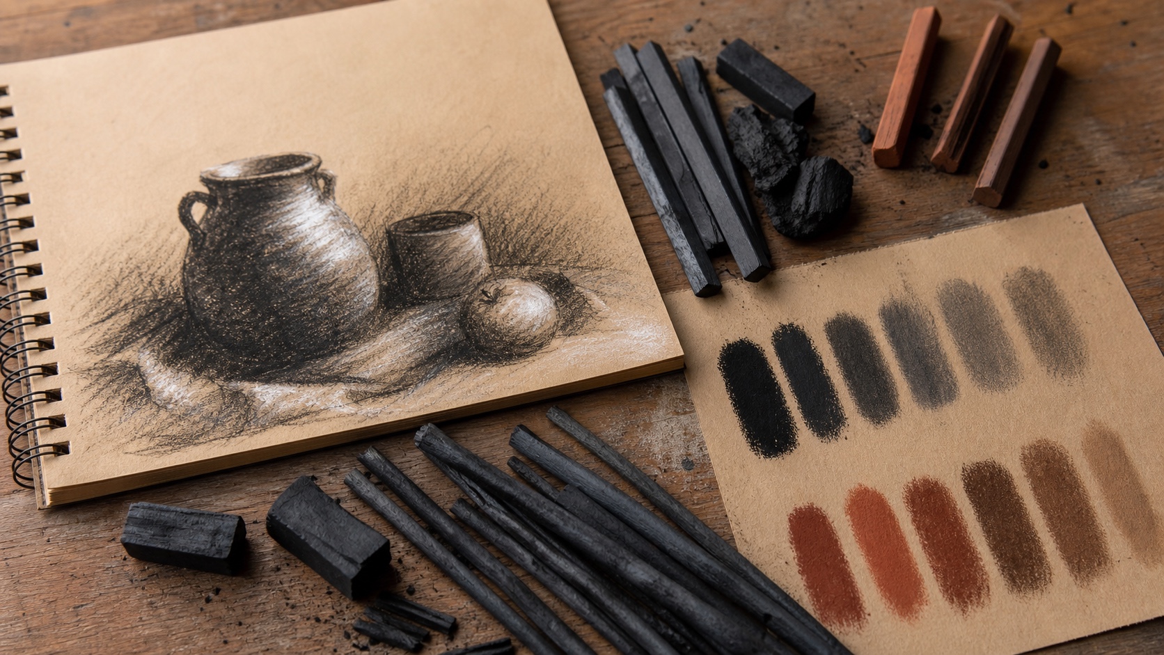 Charcoal and Conte Crayons for Tonal Drawing Charcoal sticks, Conte crayons, tonal swatches, and a small still life sketch on toned paper. | Sky Rye Design Charcoal sticks, Conte crayons, tonal swatches, and a small still life sketch on toned paper.