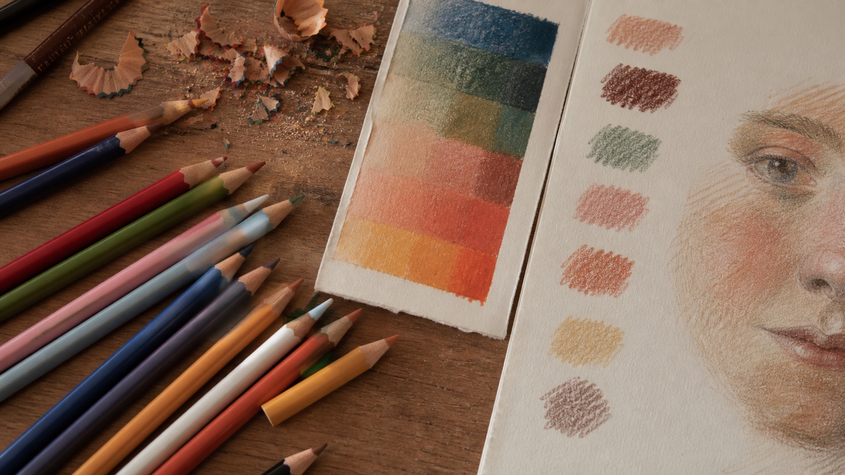 Colored Pencils for Layered Drawing Colored pencils arranged beside pigment swatches and a small layered color study in a sketchbook. | Sky Rye Design Colored pencils arranged beside pigment swatches and a small layered color study in a sketchbook.