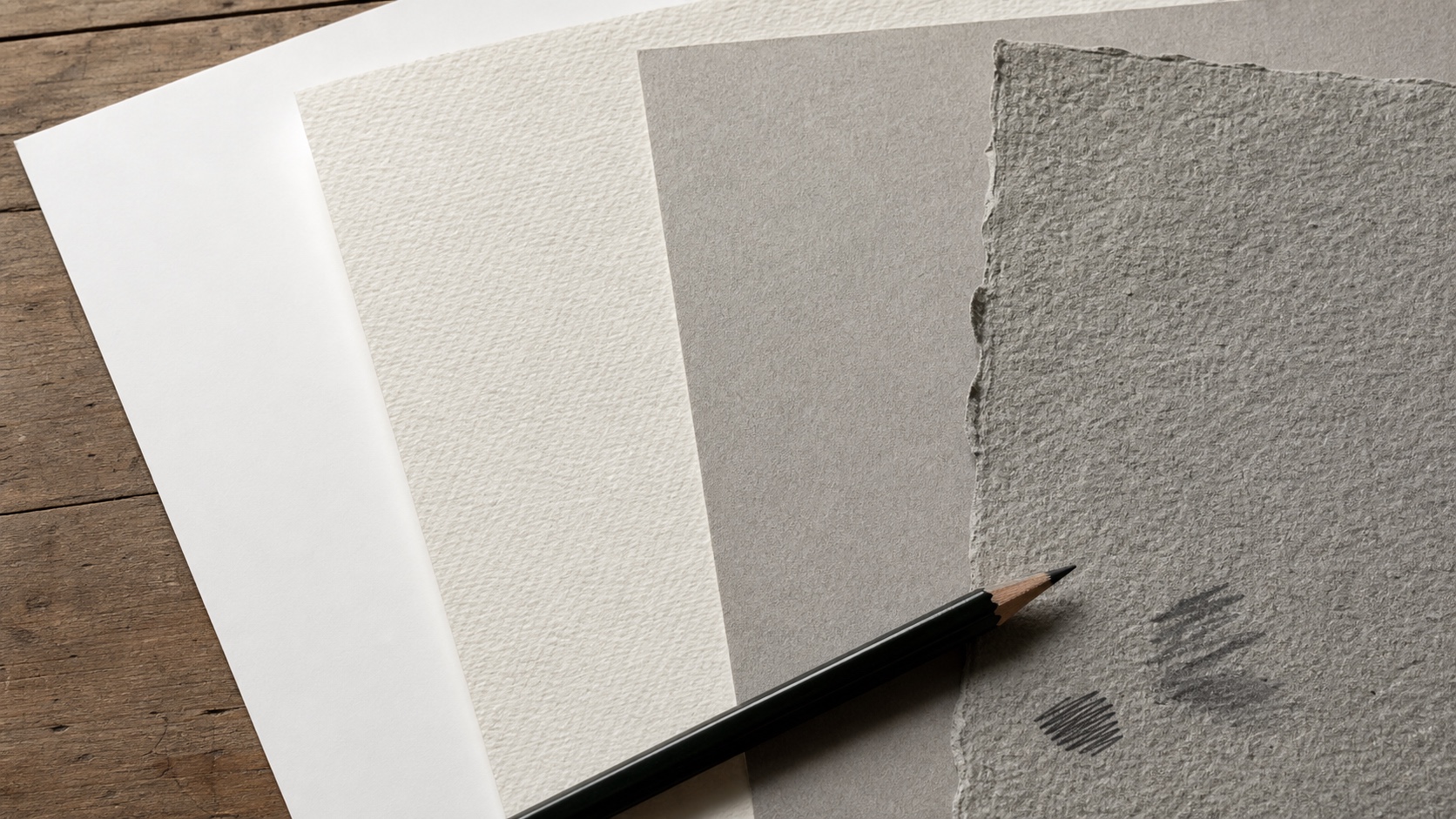 Drawing Paper Surface Comparison Different drawing papers fanned out to show smooth, toned, and textured surfaces for art materials. | Sky Rye Design Different drawing papers fanned out to show smooth, toned, and textured surfaces for art materials.