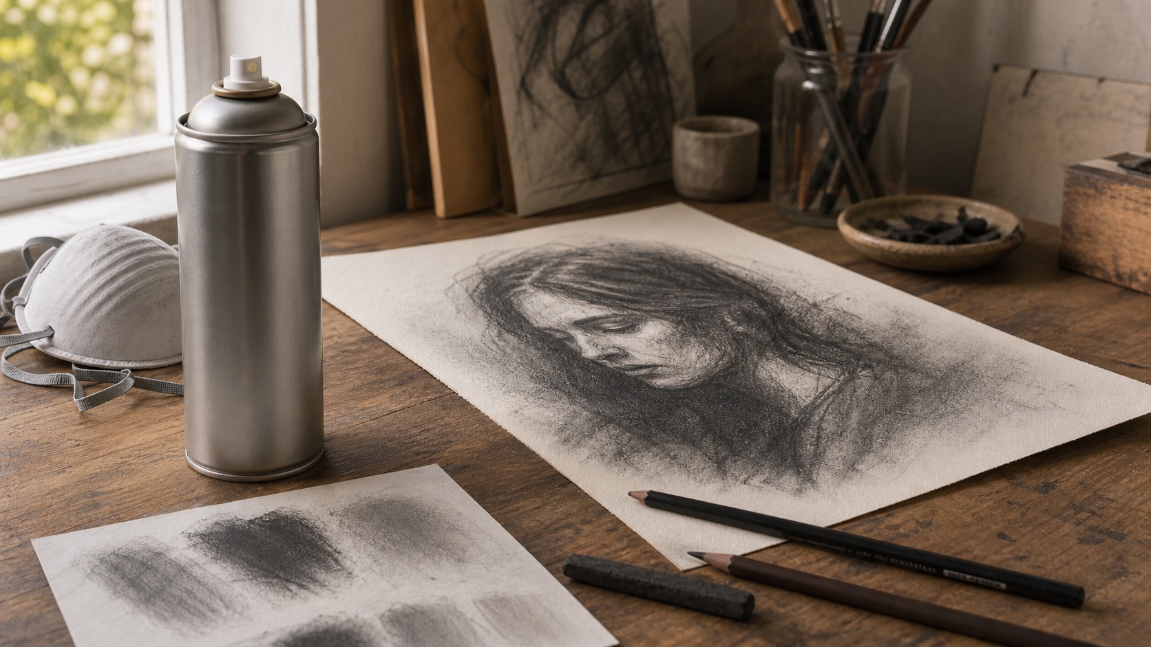 Spray Fixative for Charcoal Drawing Protection Spray fixative can, charcoal drawing, and test scrap paper on a ventilated studio desk. | Sky Rye Design Spray fixative can, charcoal drawing, and test scrap paper on a ventilated studio desk.