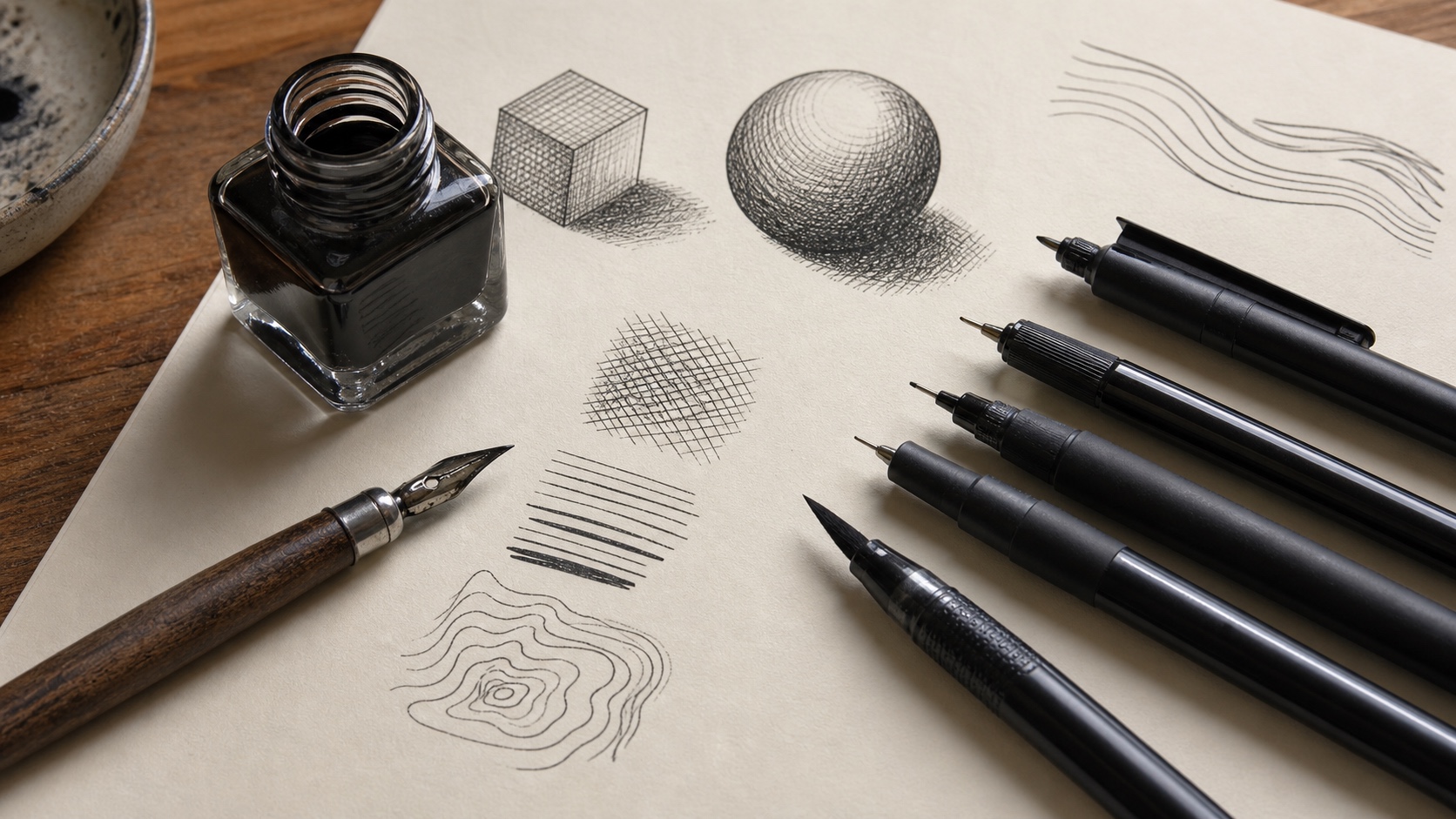 Ink Pens and Dip Pen Drawing Setup Fineliners, technical pens, dip pen nib, black ink, and cross-hatching samples on drawing paper. | Sky Rye Design Fineliners, technical pens, dip pen nib, black ink, and cross-hatching samples on drawing paper.