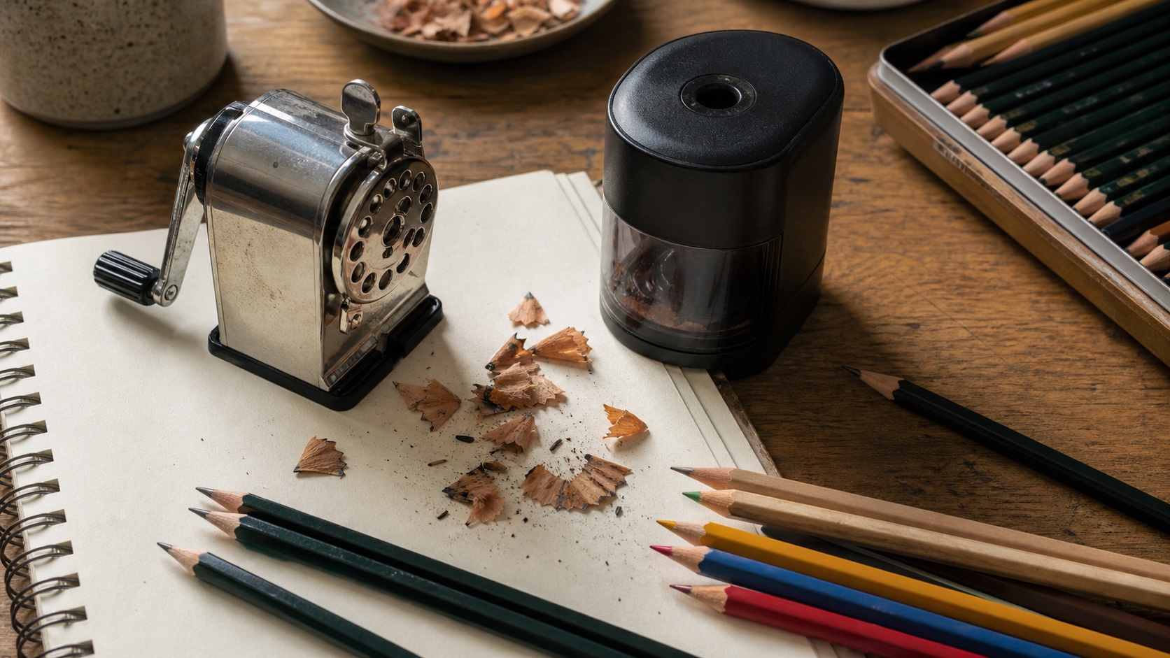 Pencil Sharpeners for Drawing Supplies Manual and electric pencil sharpeners with graphite pencils, colored pencils, and pencil shavings. | Sky Rye Design Manual and electric pencil sharpeners with graphite pencils, colored pencils, and pencil shavings.