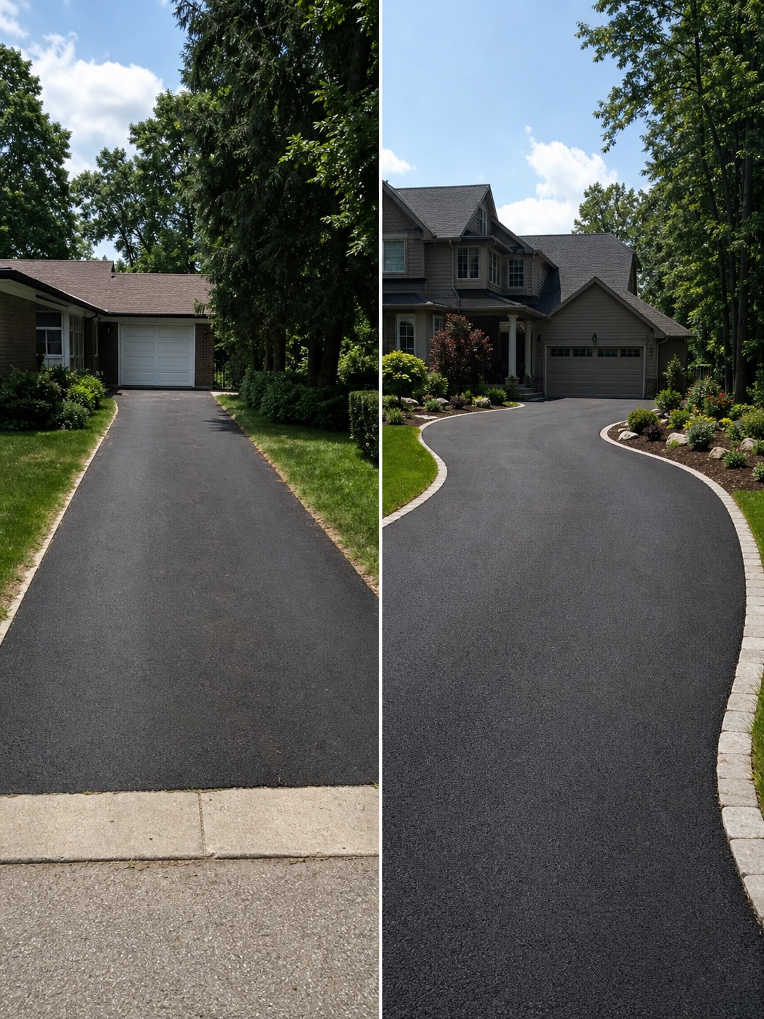 Side by side comparison of basic and designed asphalt driveway entrances.