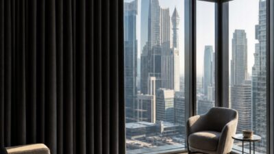 Charcoal blackout curtains in a Dubai apartment with floor-to-ceiling windows and afternoon skyline light.