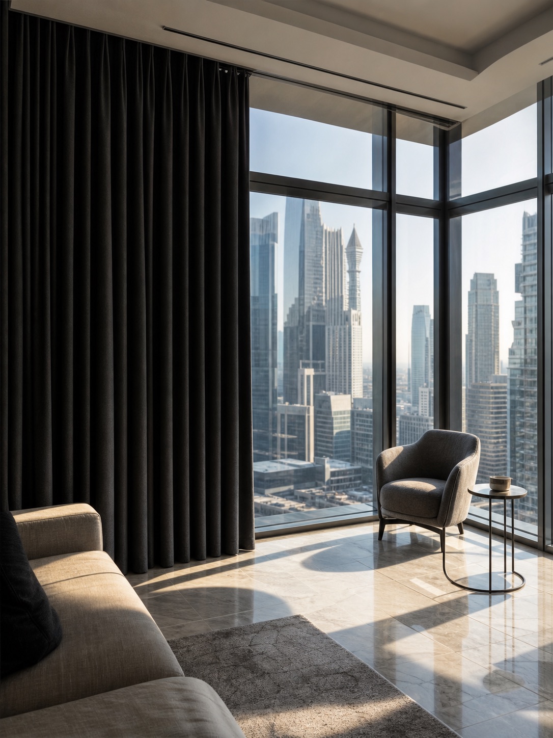 Charcoal blackout curtains in a Dubai apartment with floor-to-ceiling windows and afternoon skyline light.