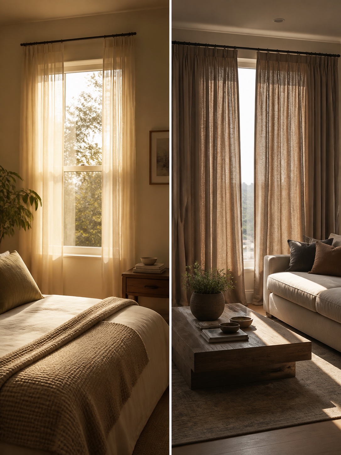 Drapes for east and south facing rooms Split interior scene comparing sheer linen drapes in a morning bedroom with heavier drapes in a bright living room. | Sky Rye Design Split interior scene comparing sheer linen drapes in a morning bedroom with heavier drapes in a bright living room.