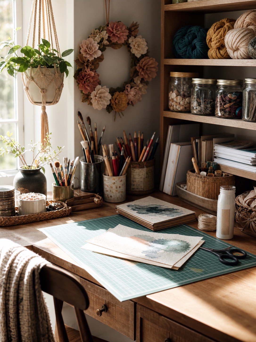 Small home craft corner for easy craft ideas Small home craft corner with brushes, yarn, paper flower wreath, cutting mat, and macrame plant holder | Sky Rye Design Small home craft corner with brushes, yarn, paper flower wreath, cutting mat, and macrame plant holder