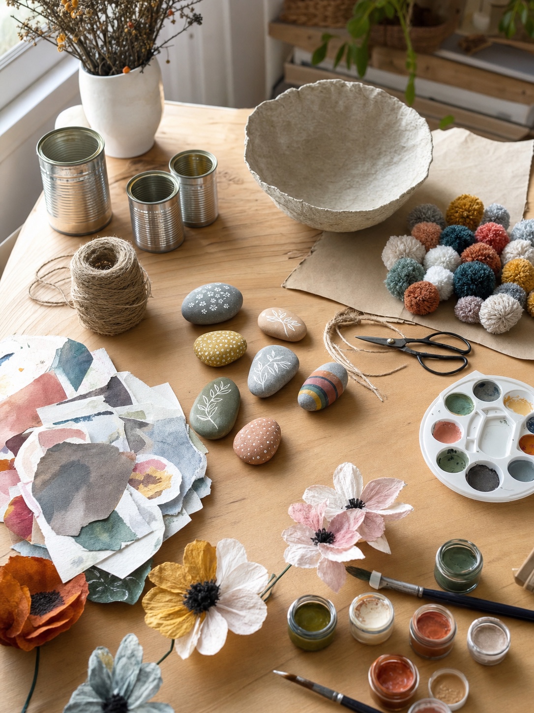 Easy craft ideas materials table Easy craft ideas arranged on a wooden table with painted rocks, paper flowers, yarn pom poms, and watercolor scraps | Sky Rye Design Easy craft ideas arranged on a wooden table with painted rocks, paper flowers, yarn pom poms, and watercolor scraps