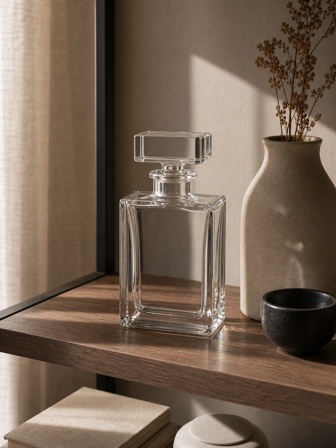 Empty clear glass perfume bottle displayed on a minimal shelf with ceramic objects and dried botanicals.