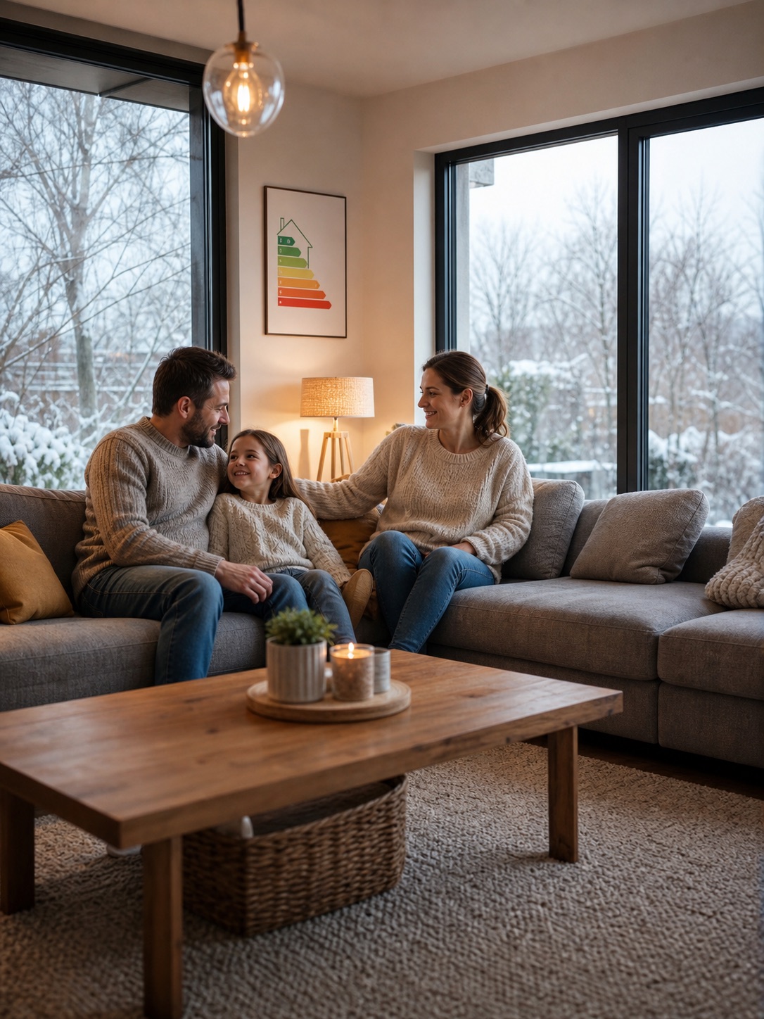 Comfortable family sitting in a warm living room with large double-glazed windows on a cold day.