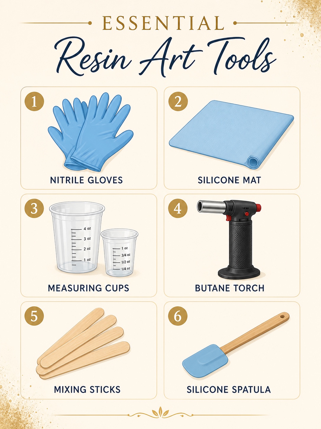 Infographic showing essential resin art tools including nitrile gloves, silicone mat, measuring cups and torch.