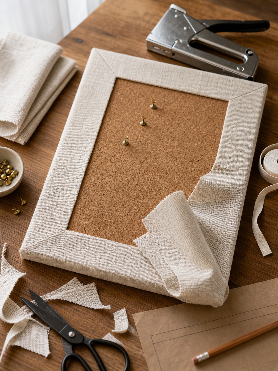 Fabric-covered cork board craft project on a wooden table