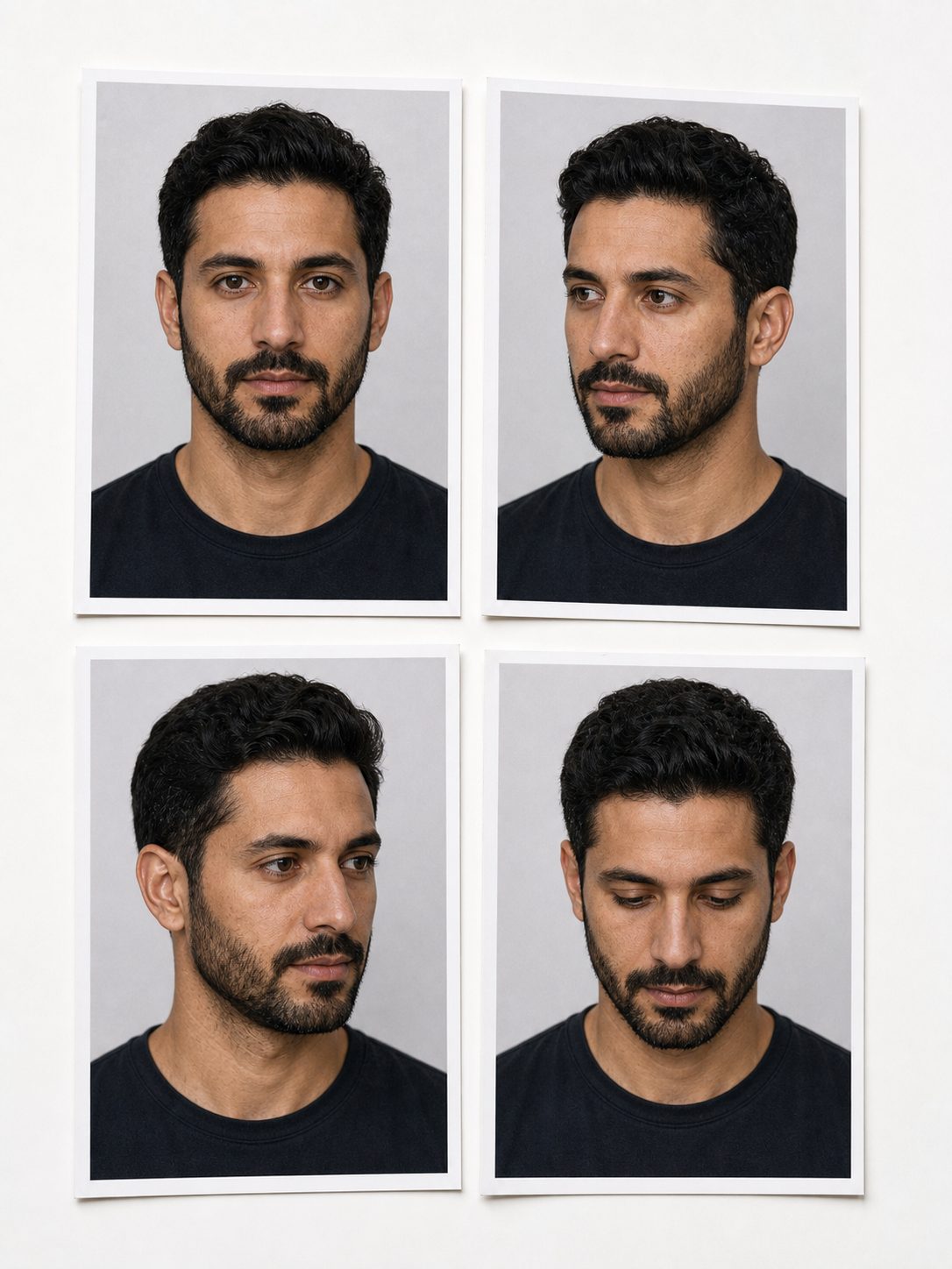 Four portrait reference photos of the same fictional adult face arranged on a white surface from several angles.