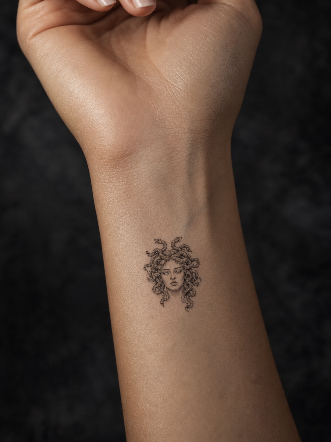 Small fine line Medusa wrist tattoo with delicate minimalist linework.