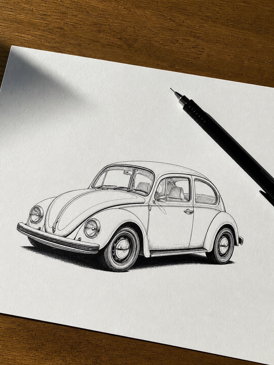 Finished pen and ink VW Beetle drawing Finished pen-and-ink drawing of a classic Volkswagen Beetle with heavier lower lines and clean roof contours. | Sky Rye Design Finished pen-and-ink drawing of a classic Volkswagen Beetle with heavier lower lines and clean roof contours.